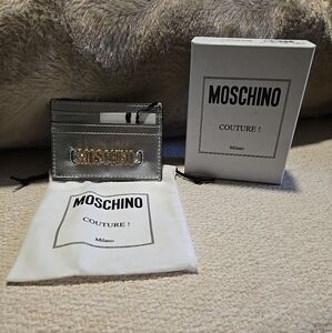 Moschino Metallic Silver Card Holder with Gold Logo NWT, Box,Dustbag